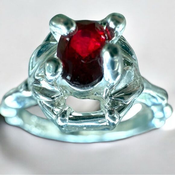 Silver Tone Ring with Bright Red Center Stone & Unique Textured Band - Picture 3 of 16